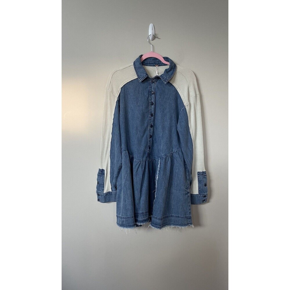 Free People Mini Tunic Dress Women Boho Blue Kenny Denim Vacay Pocket Sz S NWT - Picture 2 of 14